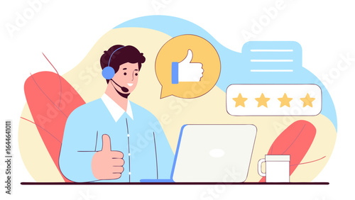 Illustration of a customer support agent with a thumbs up gesture at a laptop, with feedback icons and ratings in the background.
