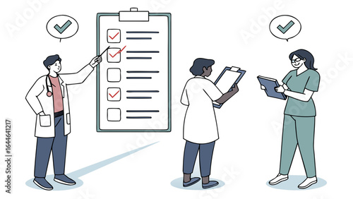 Illustration of healthcare professionals reviewing a checklist with a physician and two nurses in a clinical setting.