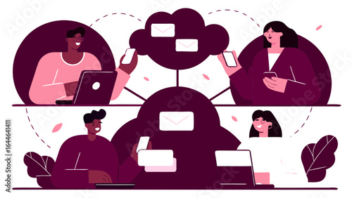 Illustration depicting digital communication with individuals using devices, exchanging messages in a cloud network, featuring colorful designs.