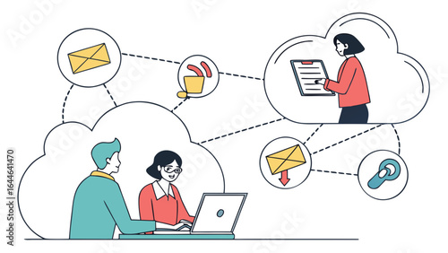 Illustration of a collaborative work environment with individuals communicating through digital devices and icons representing messages and tasks.