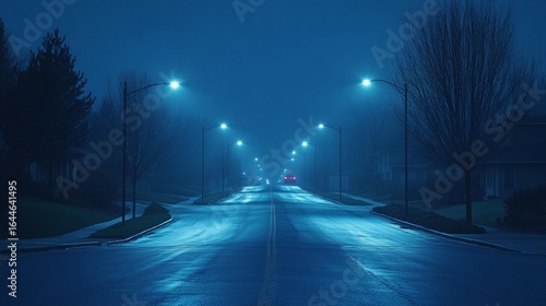 Empty suburban street at night, shrouded in fog, lit by streetlights