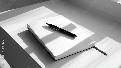 White minimalist desk with black pen and notebook, clean Scandinavian style home office space, soft shadows and simple composition.