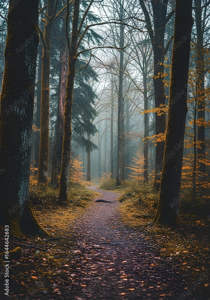 Obraz premium Serene Forest Path Through Misty Autumn Woods with Fallen Leaves