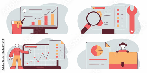 Illustration of data analysis and planning processes with charts, graphs, and a magnifying glass for insight.