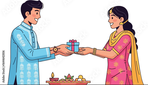 Brother gifting sister a present, celebrating Indian culture and tradition