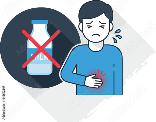 Lactose Intolerance Illustration Man with Stomach Pain and Milk Prohibition.