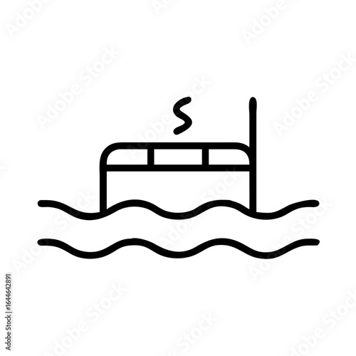 Simple outline illustration of a hot tub with steam above it, surrounded by water waves, symbolizing relaxation.