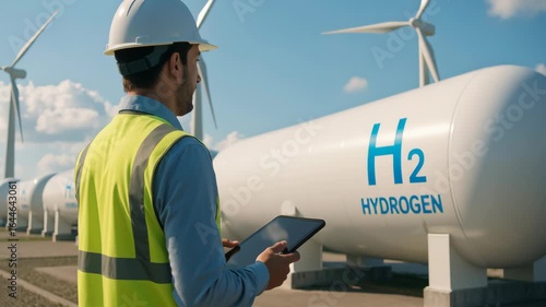 Green hydrogen industrial process monitored by engineer with tablet near storage tank and renewable energy sources for clean