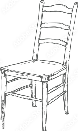Hand-Drawn Sketch of Rustic Wooden Ladder-Back Chair with Horizontal Slats and Support Bars—Traditional Furniture Illustration for Vintage Decor, Educational Materials, and Interior Design Printables