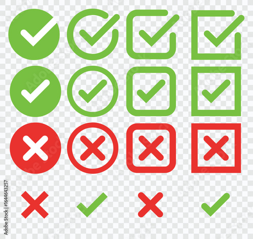 Set of chek marks. Green tick and red cross. YES or NO accept and decline symbol. Buttons for vote, election choice. Empty, square frame, circle and brush. Check mark OK and X icons.