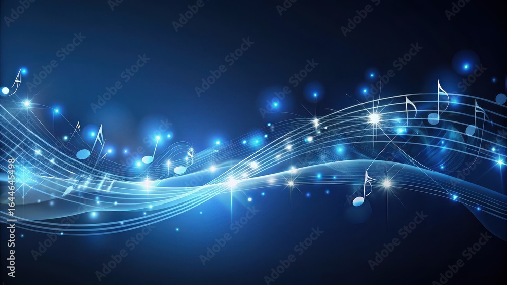 Obraz premium Abstract wave silhouette against a dark blue background with musical notes and shining lights