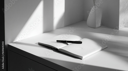 White minimalist desk with black pen and notebook, clean Scandinavian style home office space, soft shadows and simple composition.
