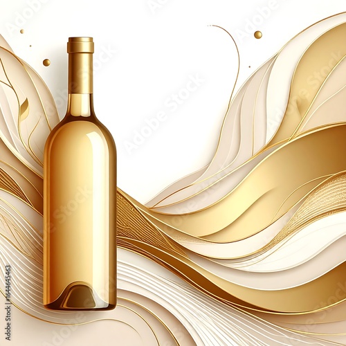 Gold wine bottle, abstract waves