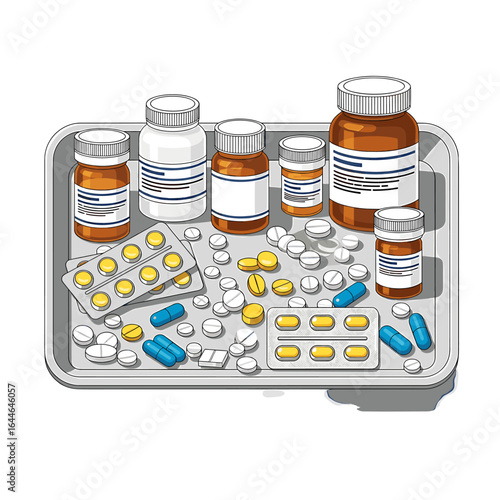 Assorted pharmaceutical medications and pills on a tray, ready for dispensing or use.