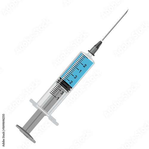 A medical syringe filled with light blue liquid, ready for injection.