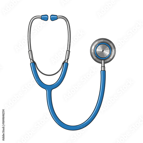 A classic blue stethoscope, medical instrument for listening to heartbeats and lungs, isolated on white.