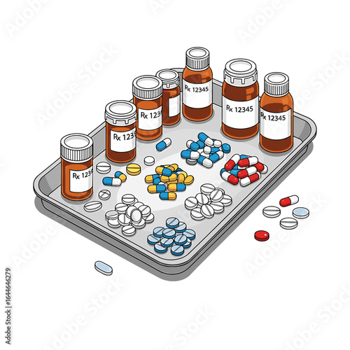 Illustration of various pills and medicine bottles arranged on a metal tray, depicting pharmaceuticals.