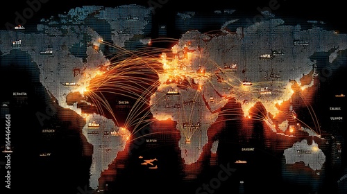 shot of a world map with glowing lines connecting major cities, representing global shipping routes. Small icons of ships, planes, and trucks illustrate the interconnected logistics network. 