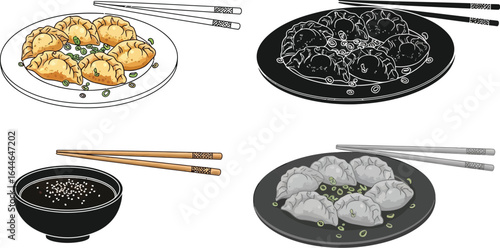 Delicious dumplings with dipping sauce and chopsticks ready for enjoyment.