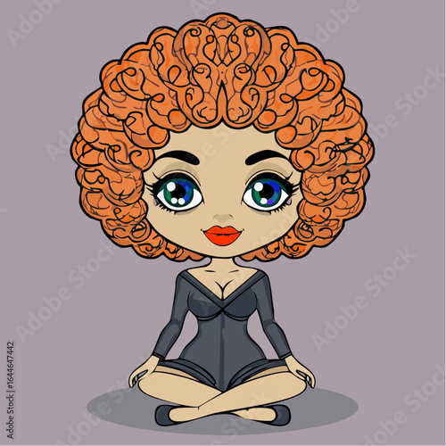  sultry cartoon woman with big midnight-black eyes, glossy plum lips, fiery red beehive, lace-trimmed negligee, silk robe