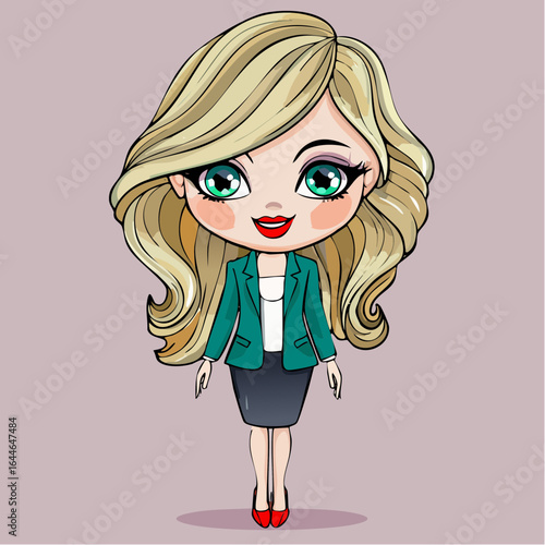 sweet cartoon woman with big teal eyes, mauve lips, long platinum blonde hair, rose quartz blazer, charcoal skirt, and stiletto heels svg vector illustration