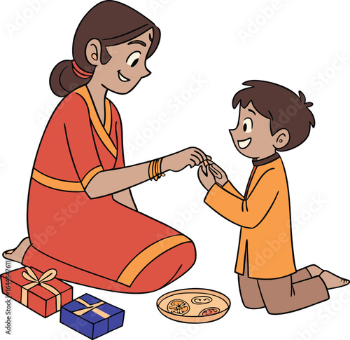 Festive Raksha Bandhan Moment Indian Woman in Red Salwar Kameez and Boy in Orange Kurta Celebrating Sibling Bond with Rakhi and Treats