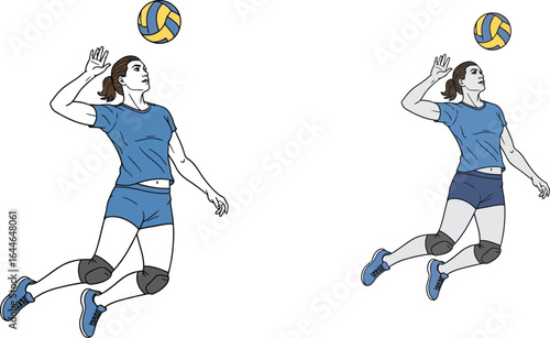Athletic women players serve volleyball with dynamic motion and focused intensity