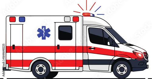 Side profile illustration of an emergency ambulance van with flashing red and blue lights.