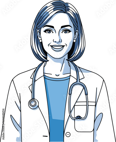 Smiling Female Doctor Illustration with Stethoscope and Lab Coat.
