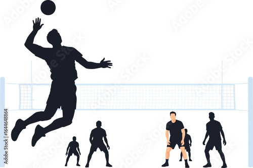 Dynamic volleyball action with powerful spike and team defense against net