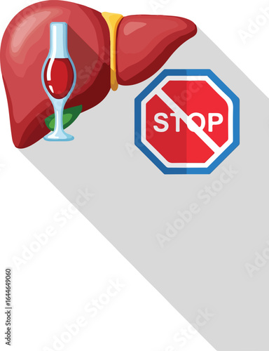 Stop drinking alcohol concept with a human liver wine glass and red stop sign.