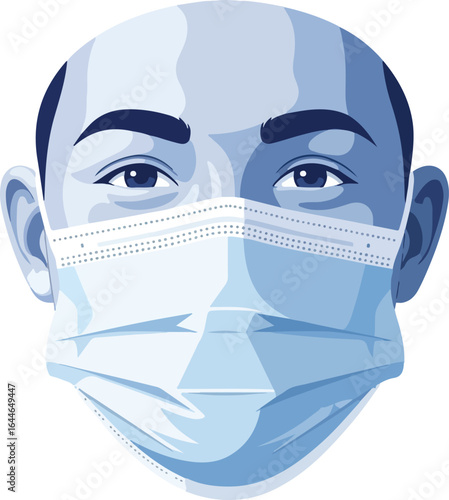 Stylized blue illustration of a bald mans face wearing a protective surgical mask.