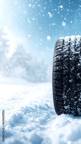 A snow-covered winter tire sits in a snowy landscape, with falling snow and bright sunlight in the background
