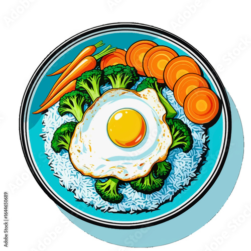 A vibrant illustration of a healthy meal: rice, broccoli, carrots, and a fried egg.