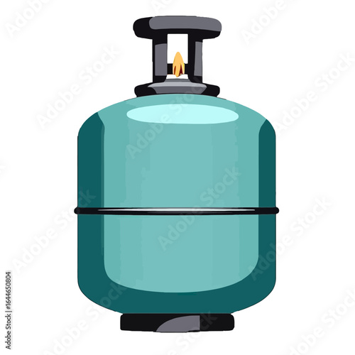 A stylized illustration of a light blue propane gas cylinder with a lit flame on the valve.