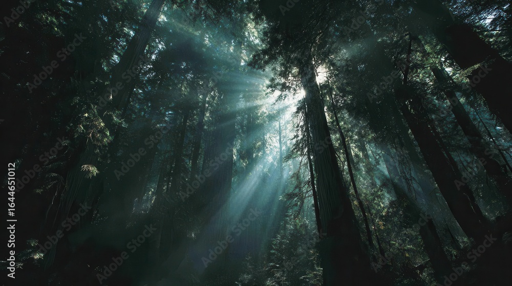 Obraz premium Sunlight filtering through a dense forest.