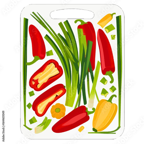 Colorful illustration of sliced red and yellow bell peppers and green onions on a cutting board.