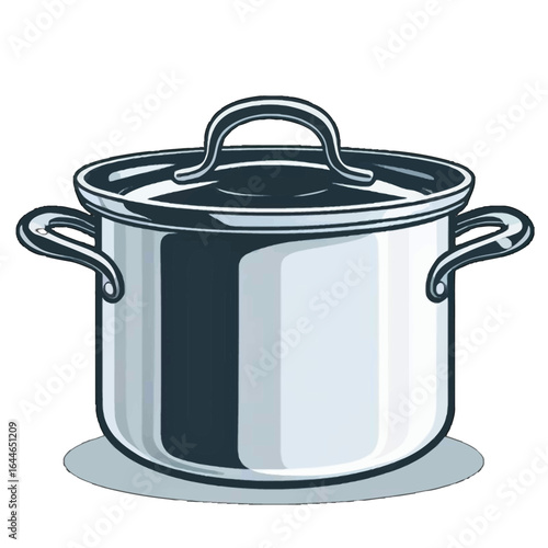 A shiny stainless steel cooking pot with a fitted lid and two handles, shown in a clean vector illustration style.