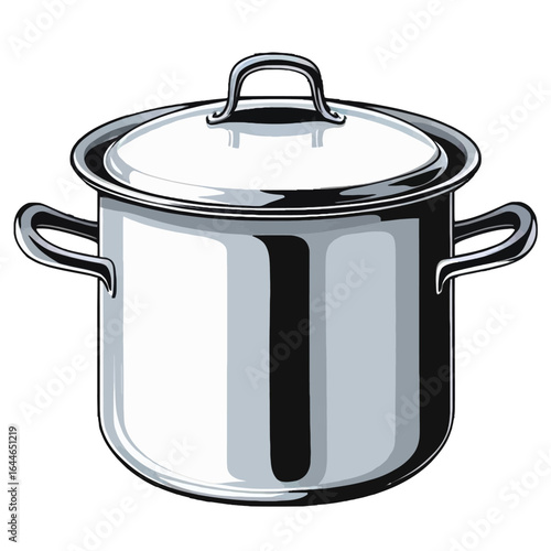 A gleaming silver cooking pot with a matching lid and side handles.