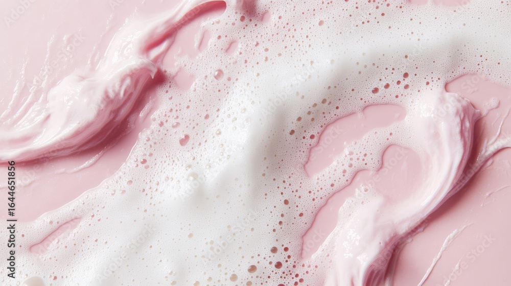 Fototapeta premium 68.Gentle foam swirls from a facial cleanser, soft white bubbles contrasting against a smooth pink background, minimalist beauty composition