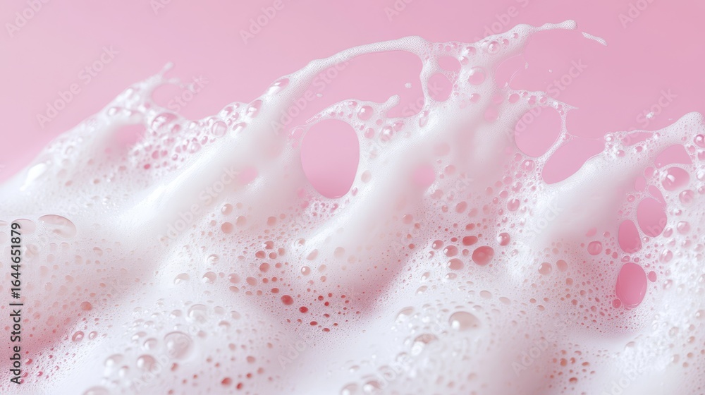 Fototapeta premium 68.Gentle foam swirls from a facial cleanser, soft white bubbles contrasting against a smooth pink background, minimalist beauty composition