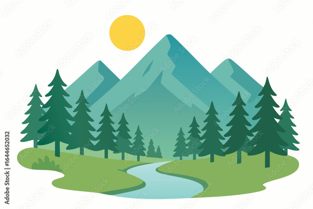 Fototapeta premium Scenic Mountain Landscape with Pine Trees and River.
