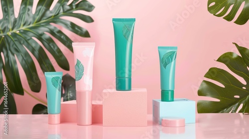 Pastel pink and teal skincare tubes adorned with tropical leaf designs, showcasing soft color hues and intricate patterns, perfect for beauty product displays, cosmetic branding, or skincare marketing