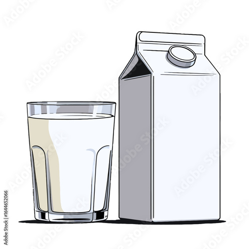 An illustration of a full glass of milk next to a blank white cardboard carton.