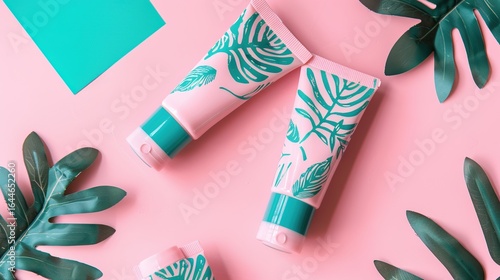 Pastel pink and teal skincare tubes adorned with tropical leaf designs, showcasing soft color hues and intricate patterns, perfect for beauty product displays, cosmetic branding, or skincare marketing