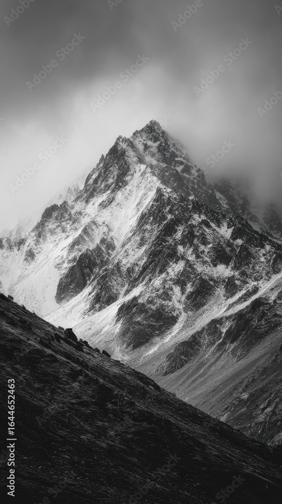 Obraz premium Gray mountain peak, snow-capped, dramatic clouds