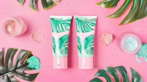 Pastel pink and teal skincare tubes adorned with tropical leaf designs, showcasing soft color hues and intricate patterns, perfect for beauty product displays, cosmetic branding, or skincare marketing