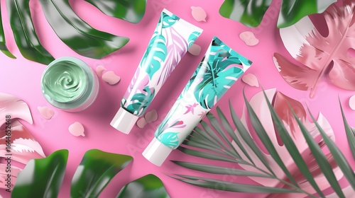 Pastel pink and teal skincare tubes adorned with tropical leaf designs, showcasing soft color hues and intricate patterns, perfect for beauty product displays, cosmetic branding, or skincare marketing