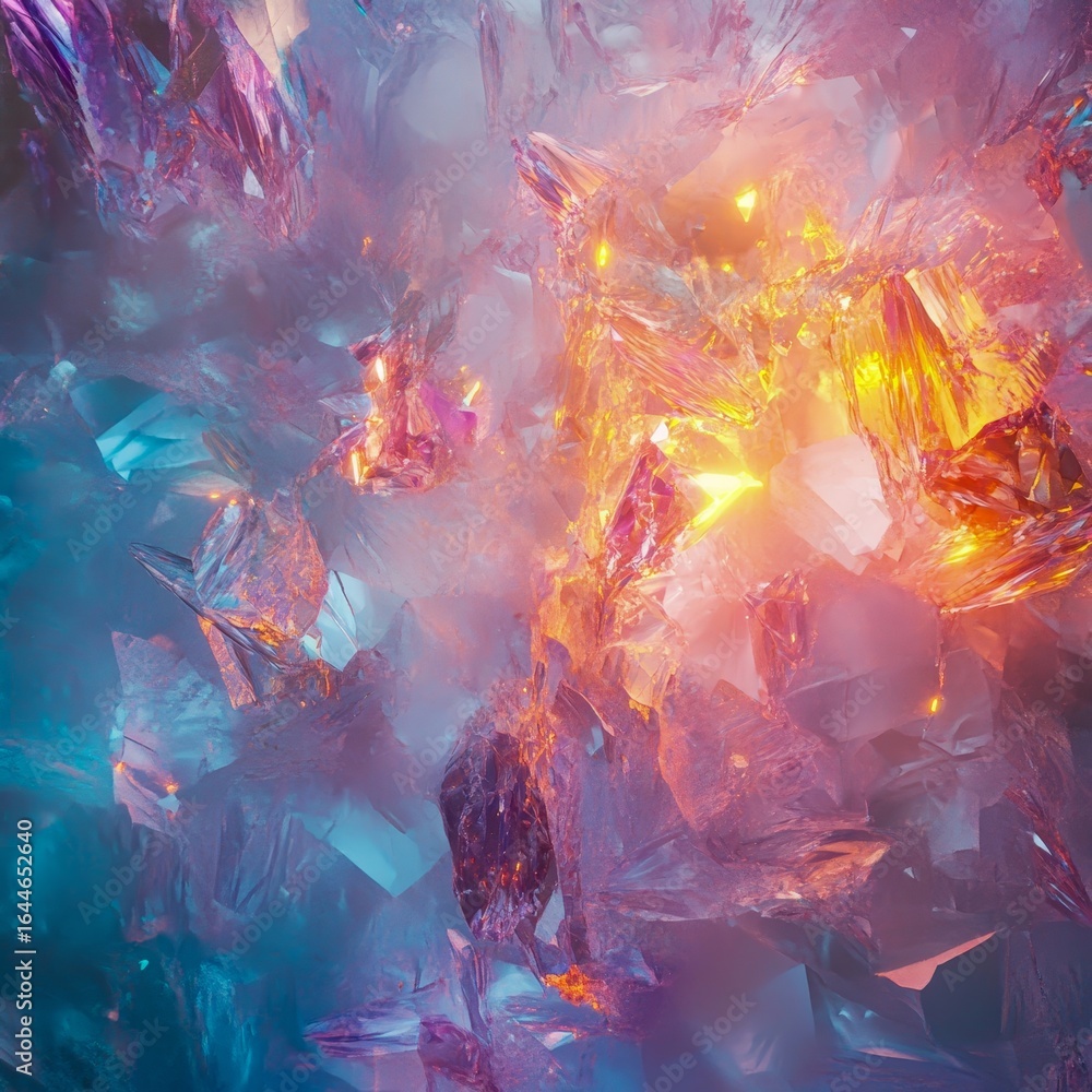 Obraz premium Abstract mosaic of glowing crystal shards soft mist and smooth liquid textures intricate and surreal