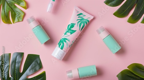 Pastel pink and teal skincare tubes adorned with tropical leaf designs, showcasing soft color hues and intricate patterns, perfect for beauty product displays, cosmetic branding, or skincare marketing